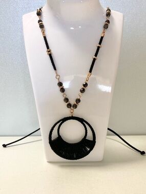 Versano Black Thread Fringe Circle Pendant preloved cord bead Necklace Jewelry